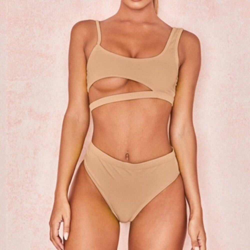 Asymmetrical cutout cheeky bikini set Tan